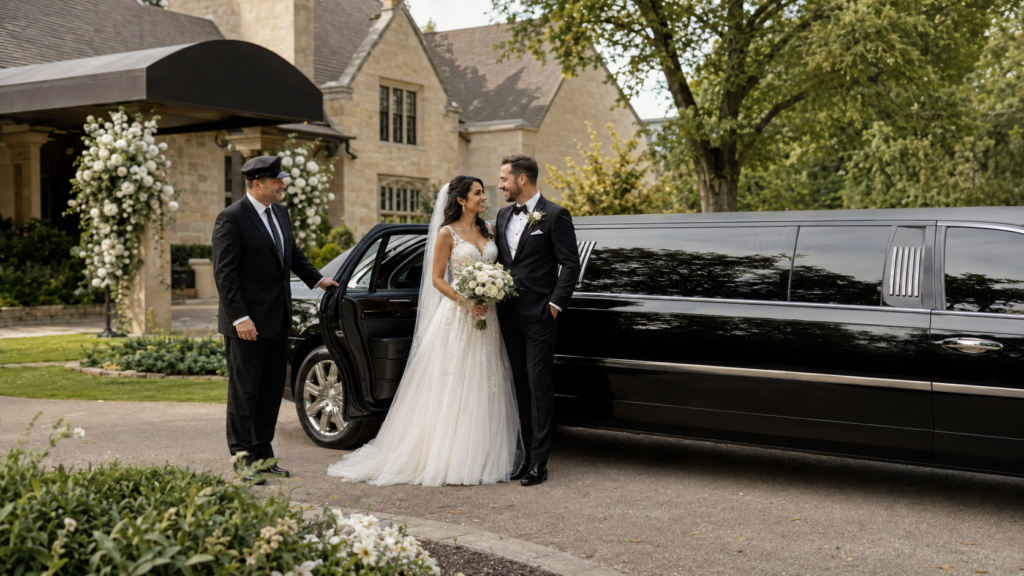 wedding couple w:limo